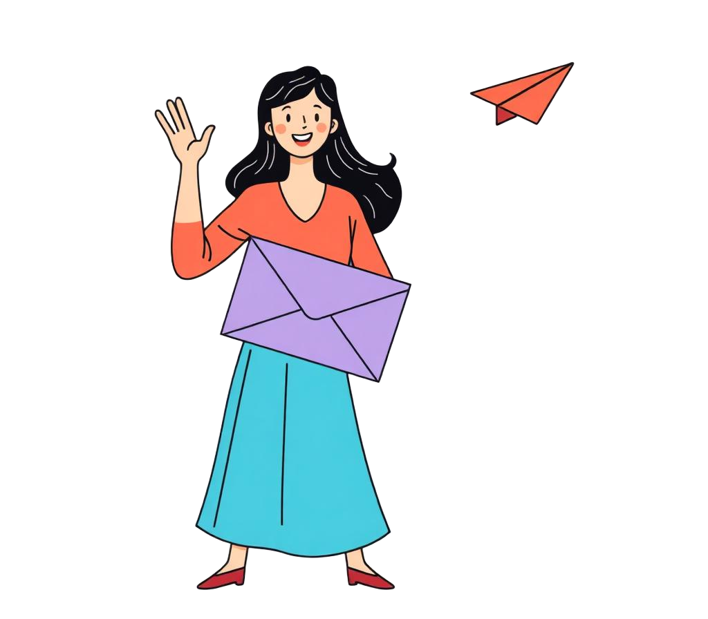 Marina waving with envelope