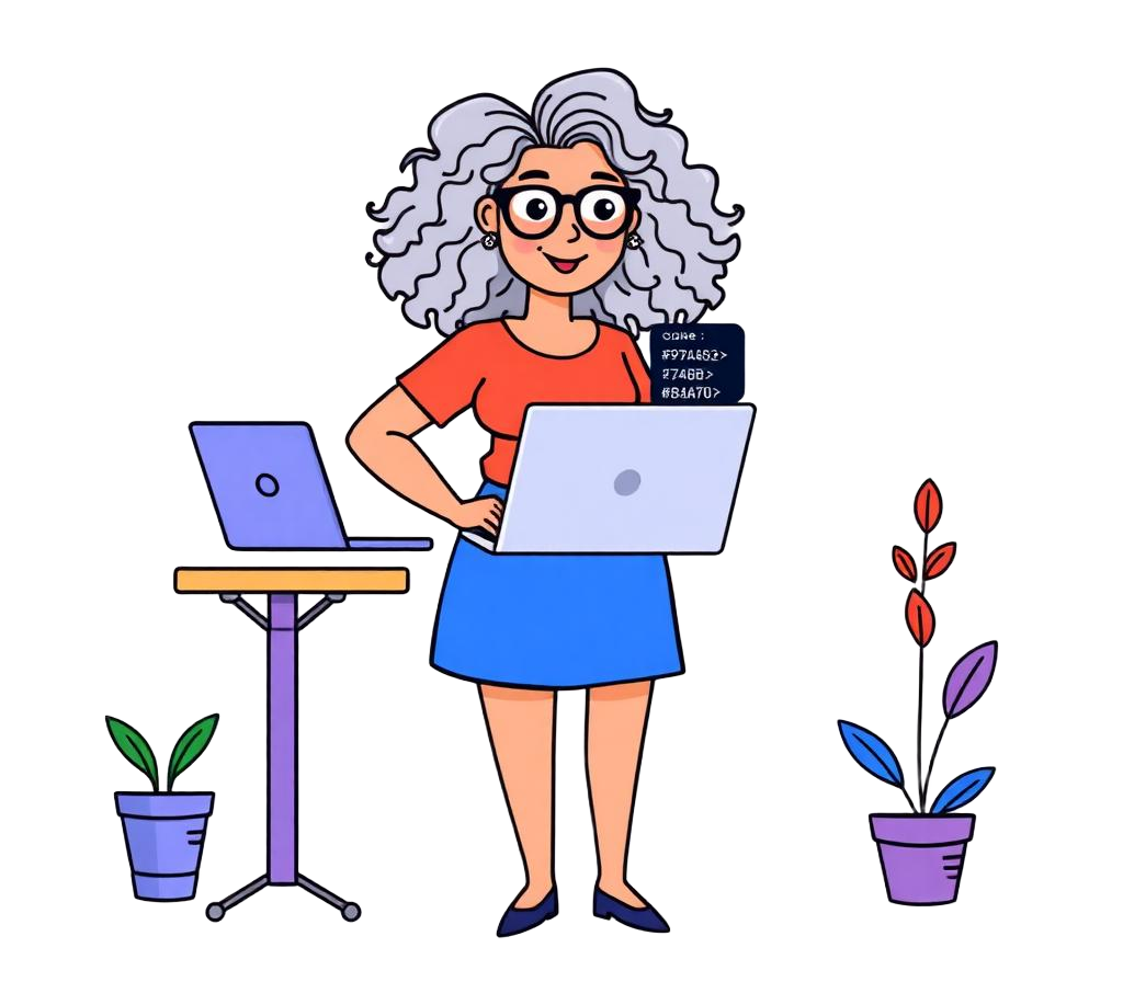 Marina at her standing desk coding